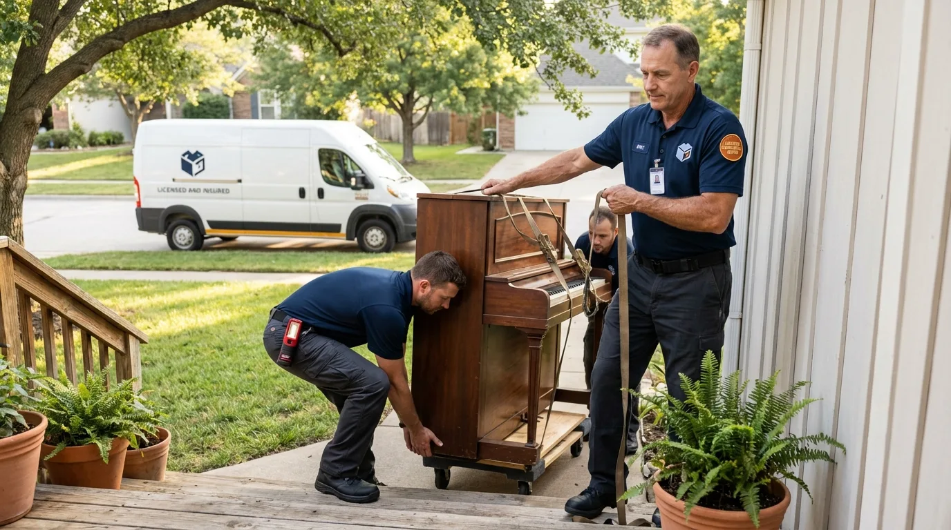 Licensed piano movers securing grand piano in Wheaton, IL