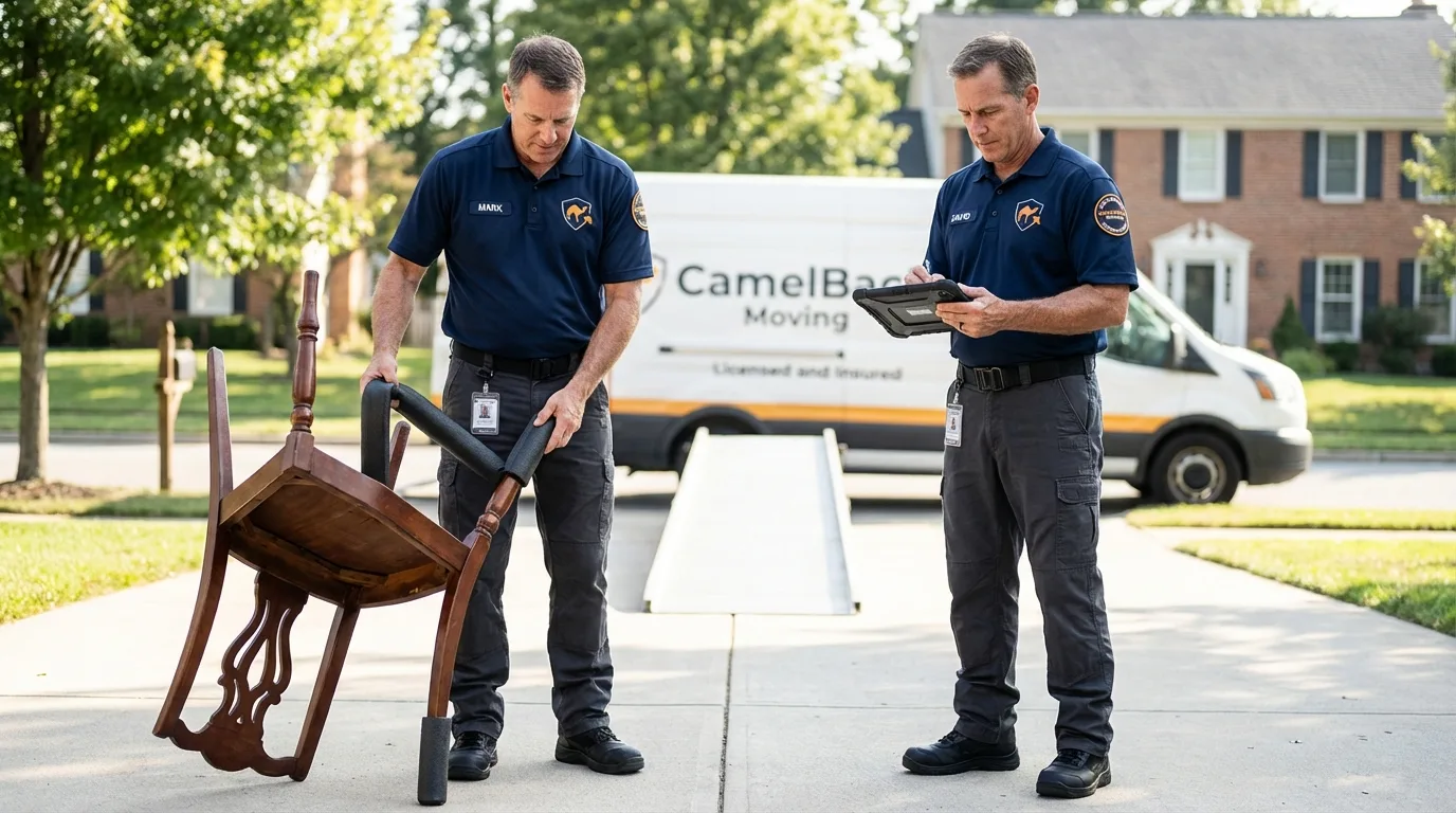 Movers inspecting furniture for damage prevention before loading in Wheaton, IL