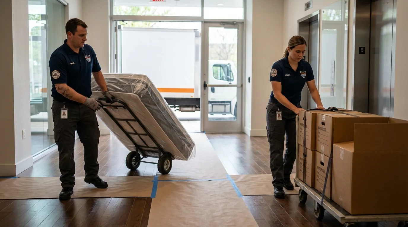 Professional apartment movers loading elevator in Wheaton, IL
